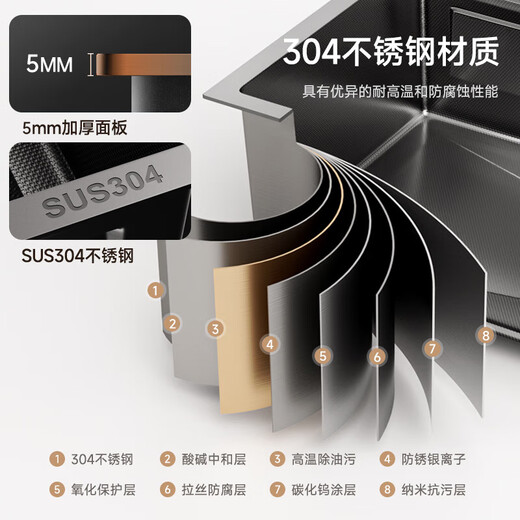 Jomoo Kitchen 304 stainless steel thickened nano-handmade sink large single-slot under-counter dishwashing basin household dishwashing sink set Package B-standard version (round pull-out faucet) 800X460