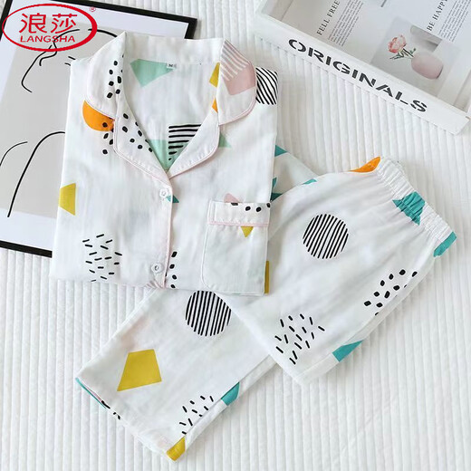 LangSha skin-friendly cotton pajamas for women spring and summer lapel cardigan long-sleeved loose large size can go out thin breathable home wear set 854 M 80-100Jin Jin is equal to 0.5 kg