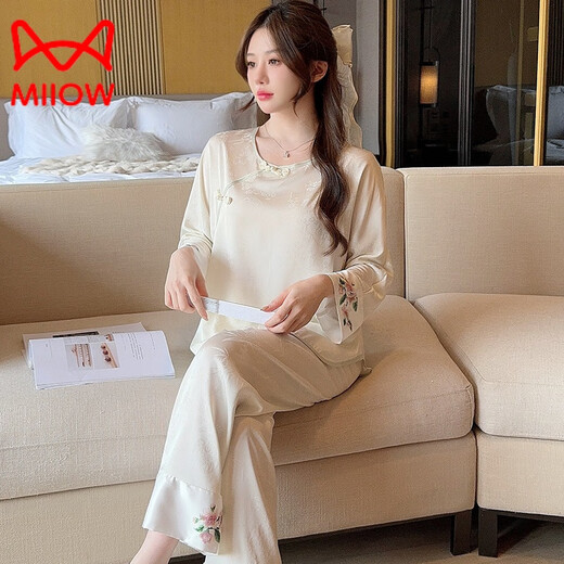 MiiOW Spring and Autumn Pajamas Women's Long Sleeve Thin Silk New Chinese Style Retro Suit Women's Cool Feeling Ice Feeling Home Clothing YL-728 Purple Butterfly M