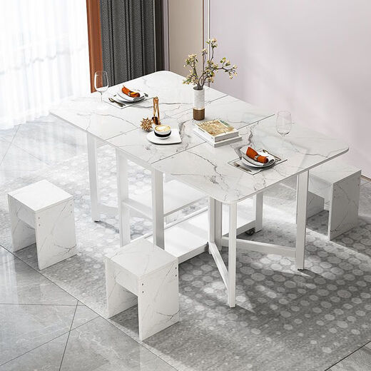 Epson small apartment multifunctional folding table retractable household rectangular sideboard dining table folding dining table combination white marble 1.4m single table
