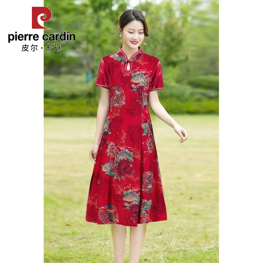 Pierre Cardin cheongsam women's mid-length summer women's wear 2025 new middle-aged mother short-sleeved cheongsam dress improved retro dress 698 green XL recommended 90-110Jin Jin equals 0.5 kg