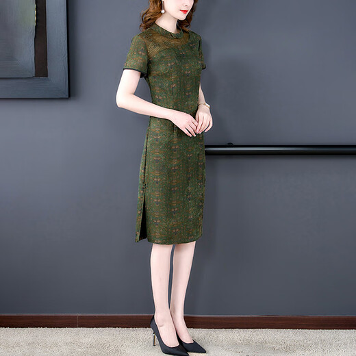 恒源祥品牌高端香云纱真絲连衣裙女2025年夏季新款气质桑蠶絲新改良旗袍 9731绿色 4XL