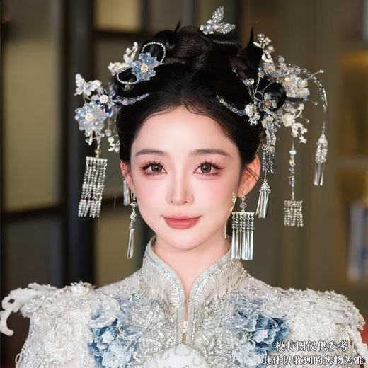 Olevo bride Chinese-style Xiuhe dress silver headdress age-reducing ancient style Xiuhe hair accessories dragon and phoenix gown wedding ancient costume wedding accessories silver Xiuhe headdress earrings set ear clip style ear