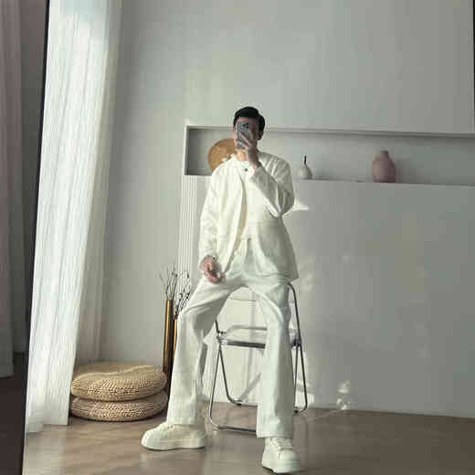 DK high-end men's collarless cotton and linen suit men's spring and summer thin retro old money style relaxed suit two-piece white M recommended 95-120 Jin Jin equals 0.5 kg