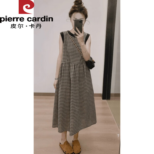 
Pier Cardin American retro plaid vest mid-length skirt for women's temperament, fashionable loose slimming back strapless dress for back plaid vest dress 9855 XL (125-140
