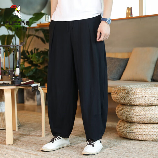 Woodpecker (TUCANO) Chinese style spring and summer thin linen long trousers for men with fat plus size wide-leg bloomers cotton linen casual harem pants navy blue 2XL