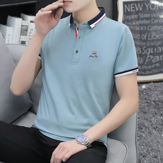 Summer men's lapel short-sleeved T-shirt for men's trendy polo shirt middle-aged stand collar half-sleeved T-shirt 673 bean green 2XL 135-150Jin [Jin equals 0.5 kg]