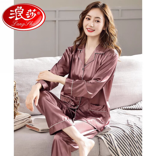 浪莎（LangSha）睡衣女春秋款长袖秋季女款2025年新款仿真丝绸夏季家居服套装外穿 14118红色 M （160码）建议穿着体重80-100