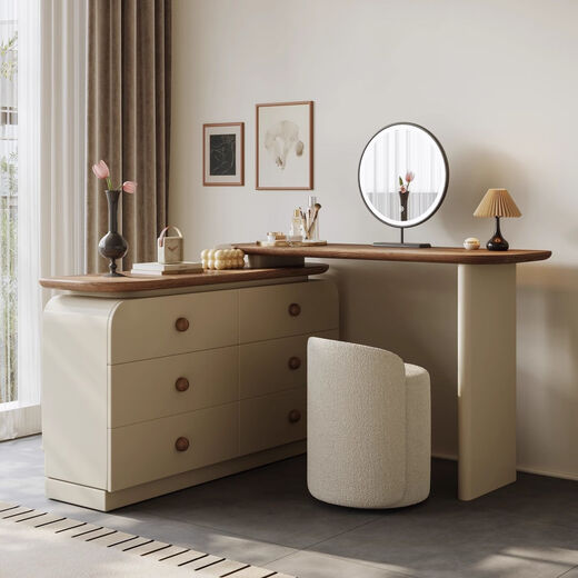 Fubai antique solid wood dressing table storage cabinet integrated cream simple drawer cabinet bedroom bedside cabinet retro dressing table storage three-drawer three-piece set 0.6 three-drawer cabinet + 1m dressing table + makeup stool complete set