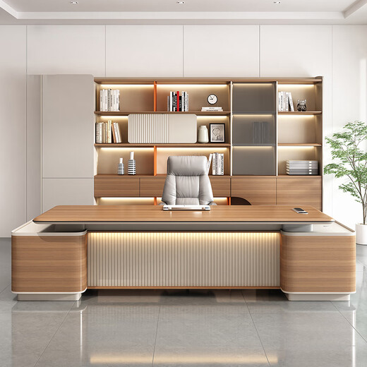 YOE.FTYE Level 0 Boss Desk Desk Light Luxury High-end Office Furniture Executive Desk President Chairman Desk and Chair Combination 2.8 Meters Long Cabinet/Multifunctional Cable Box/LED Light