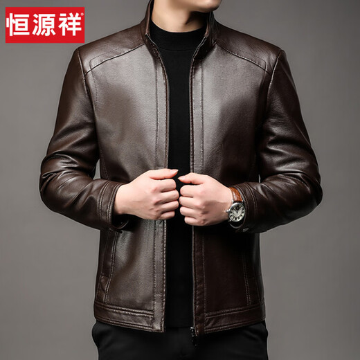 Hengyuanxiang simulated leather soft leather jacket for men spring and autumn pu leather jacket for middle-aged and elderly men motorcycle casual leather jacket brown 2XL 185