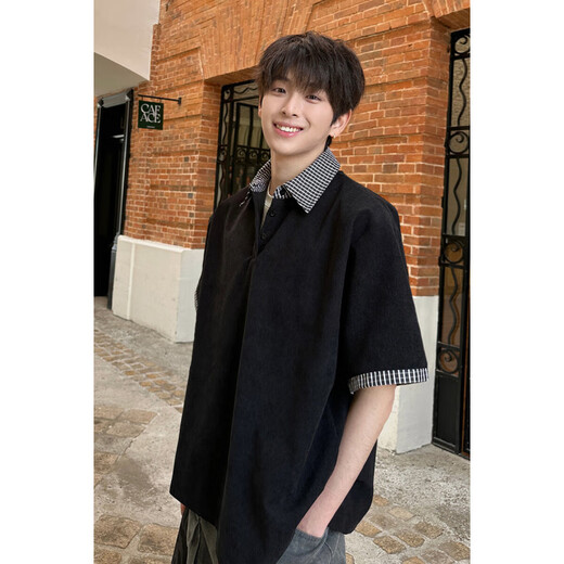 NYING American fake two-piece short-sleeved polo shirt for men 25 summer new high street fashion brand three-quarter sleeve spliced loose top black XL (120-140Jin Jin equals 0.5 kg)