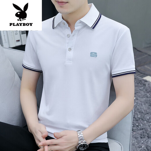 Playboy (PLAYBOY) POLO. shirt short-sleeved T-shirt men's pique cotton trend 2025 new tops summer men's lapel half-sleeved T-shirt 5012 white M (suitable for 90-115Jin Jin equals 0.5 kg)