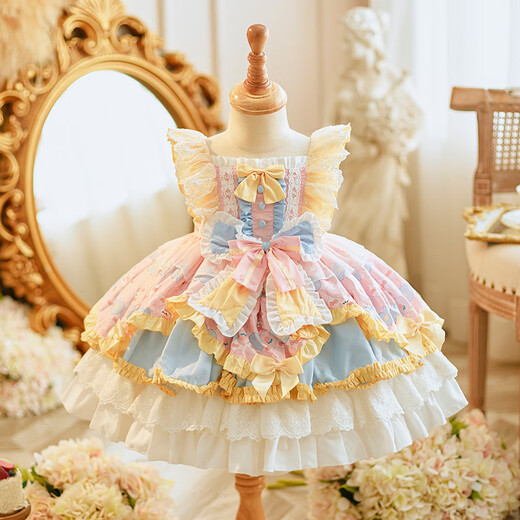 Ge Sufan children's clothing girls' Lolita princess dress first birthday dress baby performance children's fluffy dress fashionable pink 552 pink yellow 90