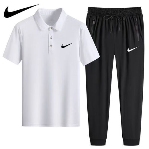 NBA KIDS-NIKE ice silk POLO shirt quick-drying casual sportswear short-sleeved T suit thin lapel men's trousers two-piece Nike-white (foot set) 1396 Nike-3XL 140-160Jin[Jin equals 0.5 kg]
