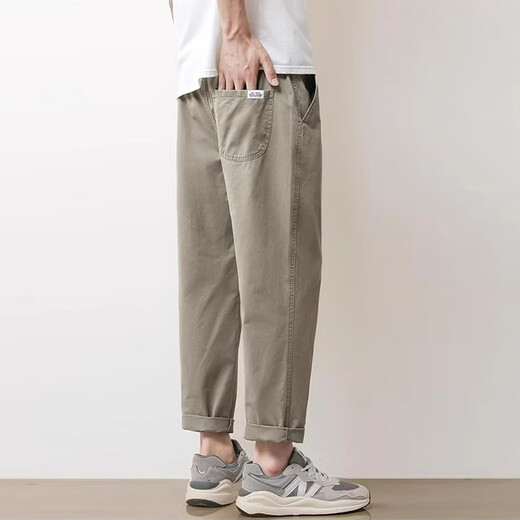 Woodpecker Casual Pants Men's Summer New Loose Breathable Straight Workwear Trendy Brand Youth Nine-Point Long Pants Men 9904 Light Khaki M