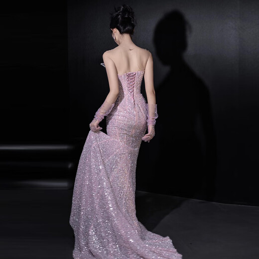 COMMAX Heavy Industry Sequined Evening Gown Temperament Socialite Light Luxury Host Pink Tube Top Fishtail Engagement Toast Dress Pink L