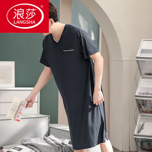 Langsha Men Camanos de una pieza Summer Summer Sail Silk Nightgown Modal de gran tamaño de gran tamaño Long Campo suelto 844 Gris oscuro L [recomendado 100-140Jin [Jin equivale a 0.5 kg]]]