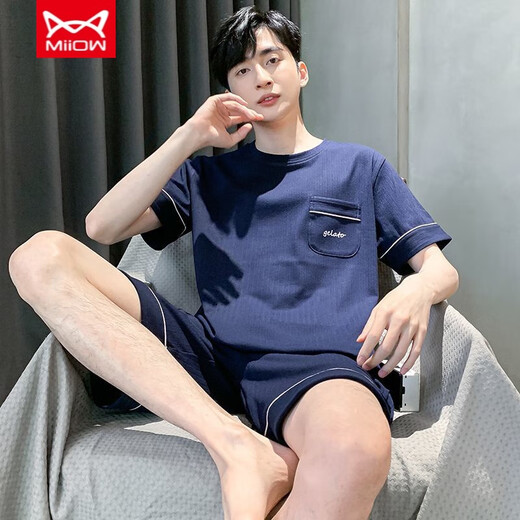 Catman (MiiOW) casual cotton pajamas men's summer short-sleeved shorts for youth Korean style loose home clothing middle-aged thin large-size suit H9922 (short-sleeved shorts) L (recommended 100-125 Jin [Jin equals 0.5 kg])