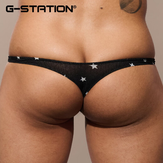 G-STATION sexy Japanese small style tight-fitting low-waisted men's thong star polyester small mesh breathable quick-drying underwear black XL (for small sizes, it is recommended to go up 1-2 sizes)