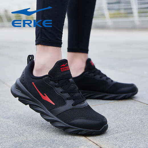 鸿星尔克男鞋2025新款冬季透气网面运动鞋男士软底减震休闲鞋轻便跑步鞋子 正黑/大红（网面四季款）3291 42