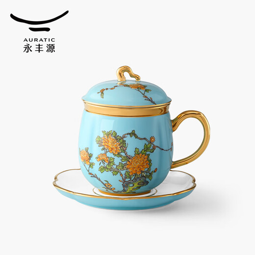 Auratic National Porcelain Yongfengyuan Lady Porcelain West Lake Blue 4-Head Ceramic Cover Cup Saucer Tea Cup-Blue (280ml)