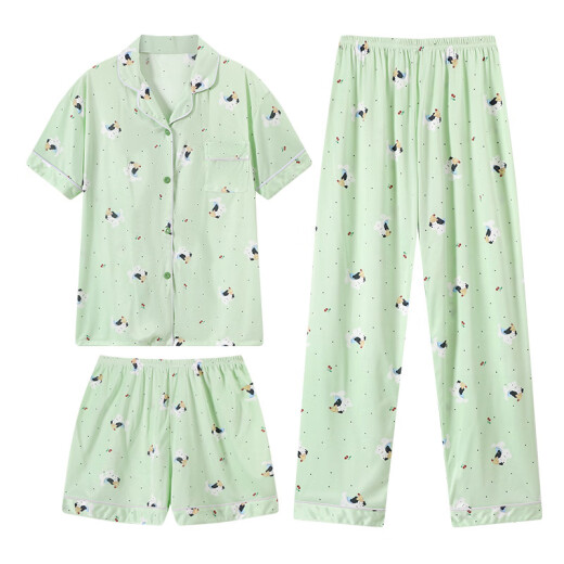 
S.SOFEA Korean-style fresh pajamas for women short-sleeved spring and summer home clothes three-piece set for wear outside. KK14118# 175 L [Suggested 100-120Jin [Jin equals 0.5 kg]]