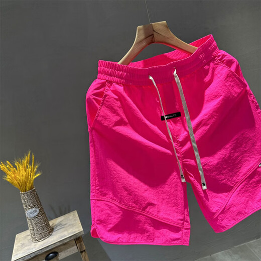 常缕竺美式高街风速干短裤男夏季薄款多巴胺运动五分裤百搭休闲沙滩裤子 9227休闲裤-玫瑰粉 33 (145-155斤)