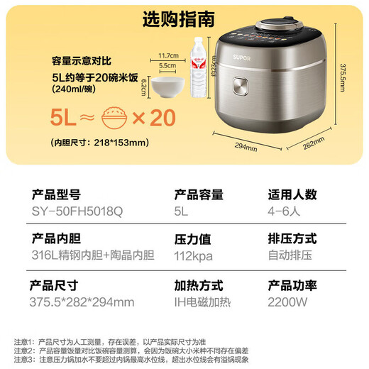 SUPOR National Subsidy IH Quick Discharge Fresh Breathing Electric Pressure Cooker 5L 112kPa 2200W Maternal and Infant 316L Spherical Kettle Pressure Cooker SY-50FH5018Q 4-6 people