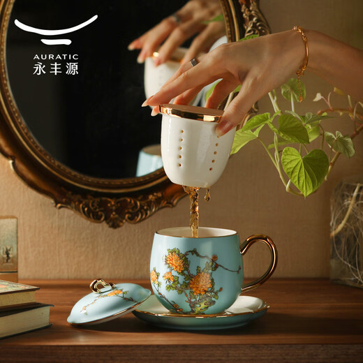 Auratic National Porcelain Yongfengyuan Lady Porcelain West Lake Blue 4-Head Ceramic Cover Cup Saucer Tea Cup-Blue (280ml)