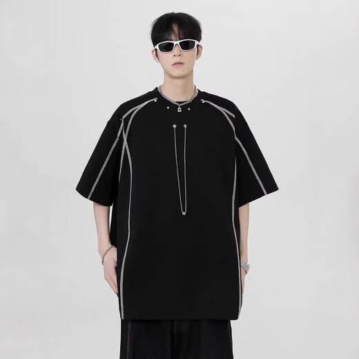 丹俏丽夏季撞色线条垫肩短袖恤男设计感小领口 1423白色(+项链) M