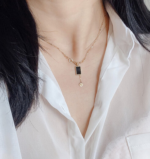Chishe Versatile Fashionable Tassel Korean 14K Gold Necklace Women's Donut Square Black Agate K Gold Clavicle Chain Full Length 42cm
