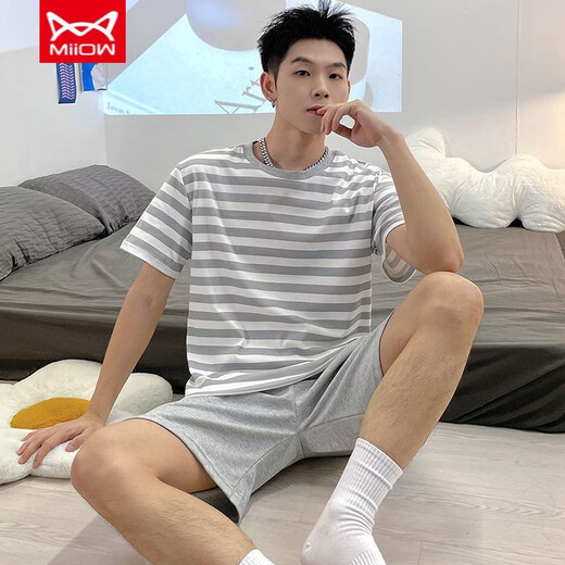 Catman (MiiOW) casual cotton pajamas men's summer short-sleeved shorts for youth Korean style loose home clothing middle-aged thin large-size suit H9922 (short-sleeved shorts) L (recommended 100-125 Jin [Jin equals 0.5 kg])