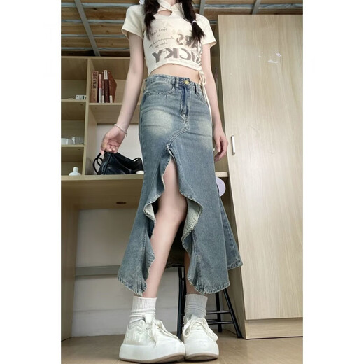 Daisy summer high waist slim design feels wavy slit irregular denim skirt women's retro hip fish tail skirt 6189 S [recommended 80-95 Jin [Jin equals 0.5 kg]]
