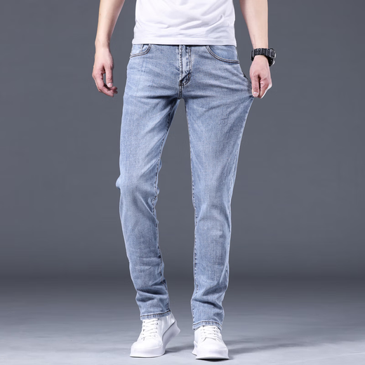 高端牛仔裤男士修身直筒小脚弹力2025夏季薄款休闲裤春秋长裤子男 B13浅蓝色 常规 32 建议130-140斤