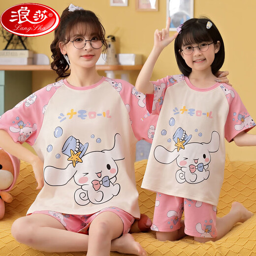 浪莎（LangSha）亲子母女睡衣纯棉夏季薄款短袖可爱卡通网红小女孩女童家居服套装 6624【纯棉 单套的】 S 145-150cm70-85斤