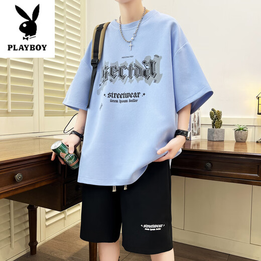 花花公子（PLAYBOY）夏季新款短袖t恤男初中高中学生运动套装青少年潮流帅气大童夏装 NZJ-6626白色(上衣+短裤) M 75至105斤