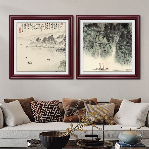 Weekend Island famous landscape painting, antique painting, ink painting, living room square hanging painting, entrance decorative painting, new Chinese style ink painting mural, riverside fisherman's house 70*70cm (living room) solid wood frame