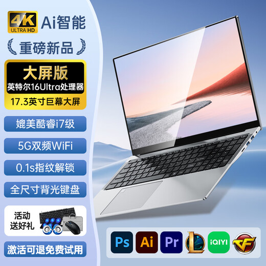 Nai my Country Bank 2025 Intel + AMD Ryzen Großbild-Laptop der 16. Generation, dünner, tragbarer Laptop, unabhängiges Display, Spielbuch, Studenten-KI, Bürodesign, Online-Kurs, Intel Max 17,3-Zoll-Riesenbildschirm, Großbild-KI + Fingerabdruck-Hintergrundbeleuchtung – Silber, 32 G-Betrieb + 2 TB Hochgeschwindigkeits-Solid-State-Laufwerk, empfohlen vom Filialleiter