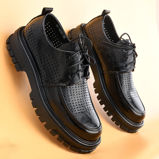 Oein Retro Genuine Leather Big Toe Derby Shoes Business Casual Men's Shoes Summer Breathable Hollow Leather Sandals Men's Perforated Thick Soles Black Lace Up 15267-0 Summer Perforated Single Layer 38 This One Size Larger