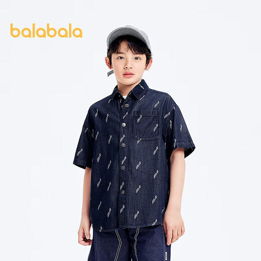 Balabala designer SICO IP children's shirt boys' shirt summer short-sleeved denim full print trend blue tone 00488 130