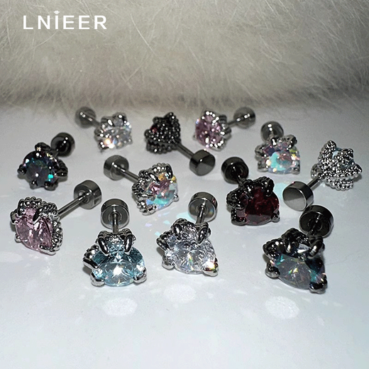 Lnieer Super Flash Dragon Claw Inlaid Earrings Men's Medical Titanium Steel Ear Holes Flat Bottom Earbone Cochlear Nails High-end Earrings Earrings Light Blue Single Medical Grade Titanium Steel