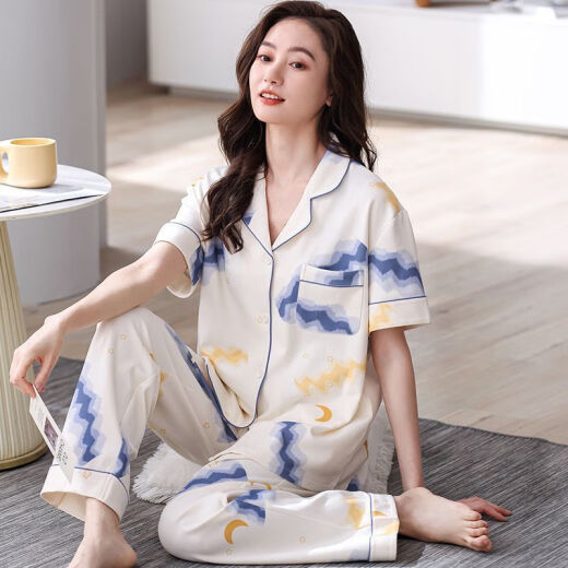 浪莎（LangSha）2025年新款睡衣女式夏季短袖长裤翻领开衫中年妈妈家居服可外穿 PDDQ9928 M 【建议80-105斤】】