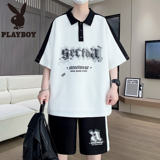 花花公子（PLAYBOY）青少年短袖t恤男孩夏季12-15岁初中高中学生polo衫13帅气大童套装 NZJ-6629白色(短袖+短裤) M 75至105斤