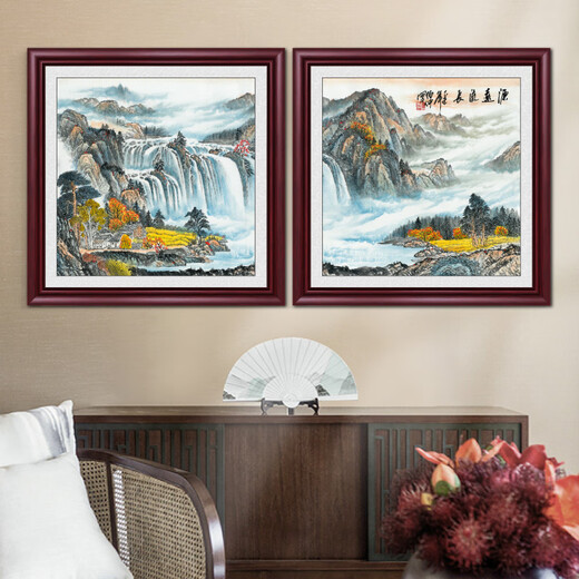 Weekend Island famous landscape painting, antique painting, ink painting, living room square hanging painting, entrance decorative painting, new Chinese style ink painting mural, riverside fisherman's house 70*70cm (living room) solid wood frame