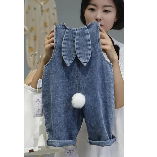 Disney (Disney) children's denim overalls, spring and autumn rabbit ears, stylish and cute casual pants for boys and girls, denim blue rabbit ears overalls 90 cm