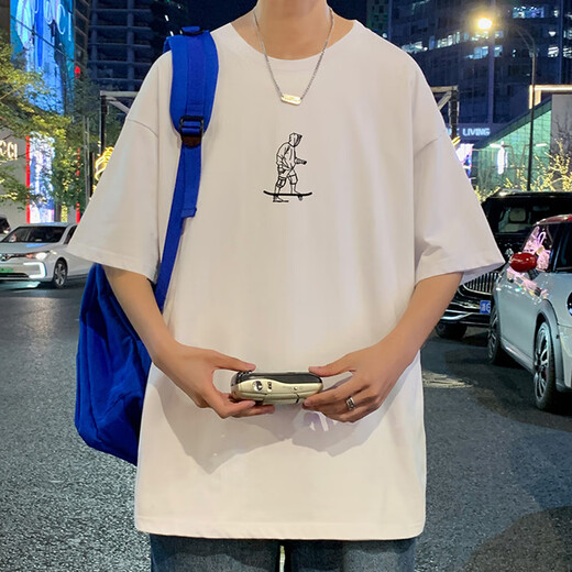 常缕竺纯棉T恤男潮牌潮流休闲宽松圆领短袖男生青少年夏季新款百搭体恤 3892粉红 XL 约140-160斤可穿