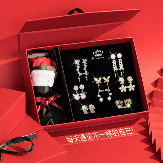 Jingli Jingda pierced ear clips for women without piercing for one week, ear bone clips, birthday gifts for women, exquisite, high-end and practical, lovers week ear clip set, rose gift box