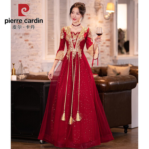 皮尔卡丹敬酒服新娘2025新款夏季酒红色感中式长袖结婚订婚礼服女 酒红色中长款 【684】 L