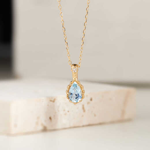 Senyong Japanese simple seawater drop pendant flash diamond necklace women's 18k gold light luxury clavicle chain small aquamarine single pendant